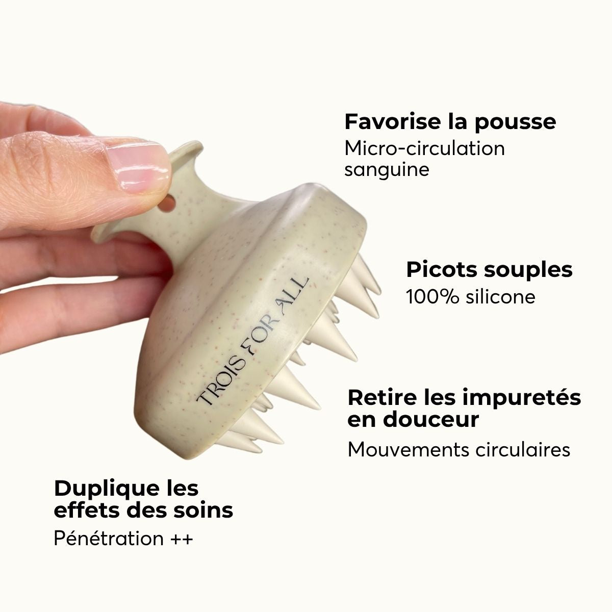 Brosse de massage pour cuir chevelu qui élimine les impuretés en douceur et aide les soins capillaires à mieux pénétrer dans les cheveux