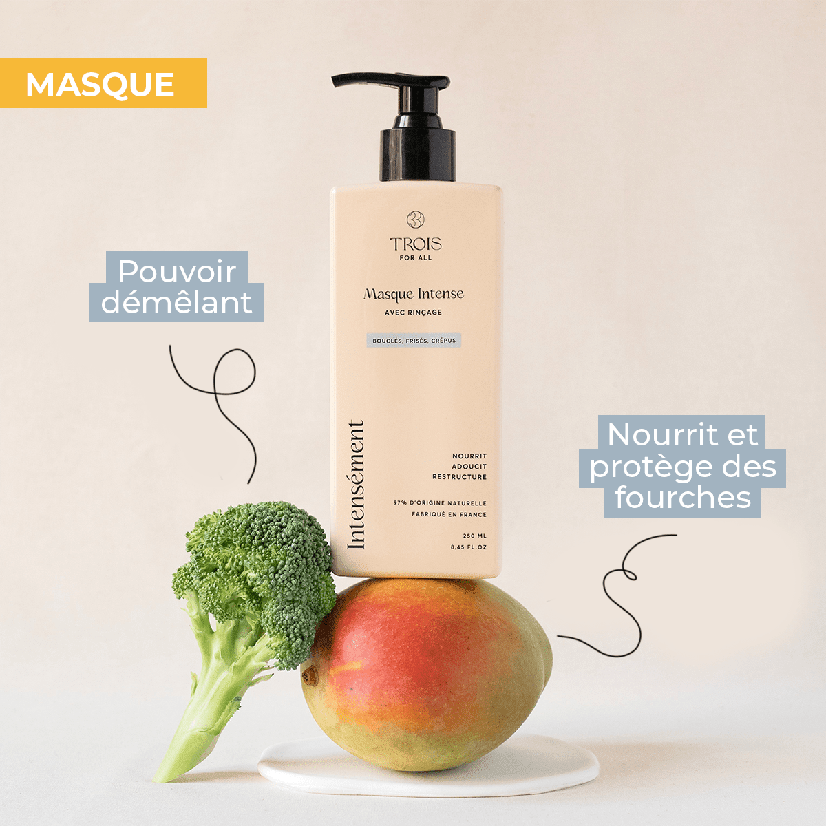Masque pour cheveux bouclés démêlant et nourrissant, protège des fourches et frisottis pour des boucles lisses et définies