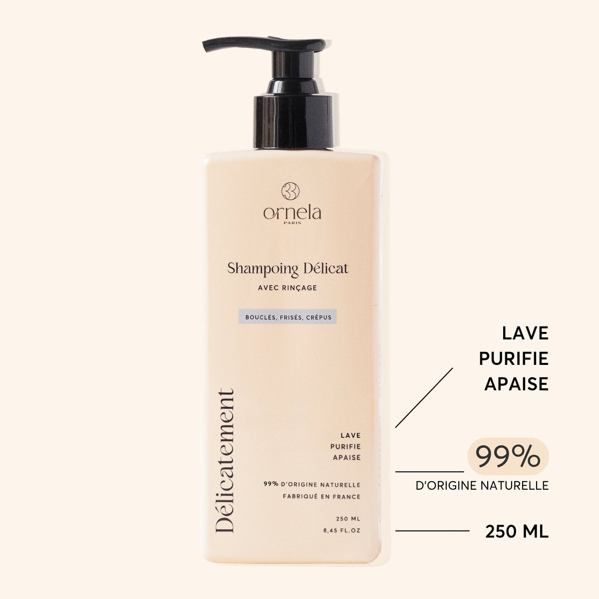 Shampoing sans sulfate pour cheveux bouclés frisés et crépus. N'assèche pas les longueurs et purifie le cuir chevelu sans l'agresser. Tensio-actifs doux. 99% d'origine naturelle