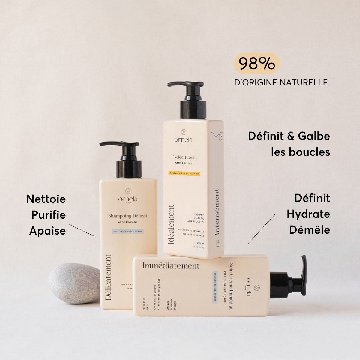 Routine pour cheveux bouclés frisés et crépus comprenant un shampoing, un soin pour démêler, définir et hydrater les boucles, et une gelée pour définir les boucles plusieurs jours