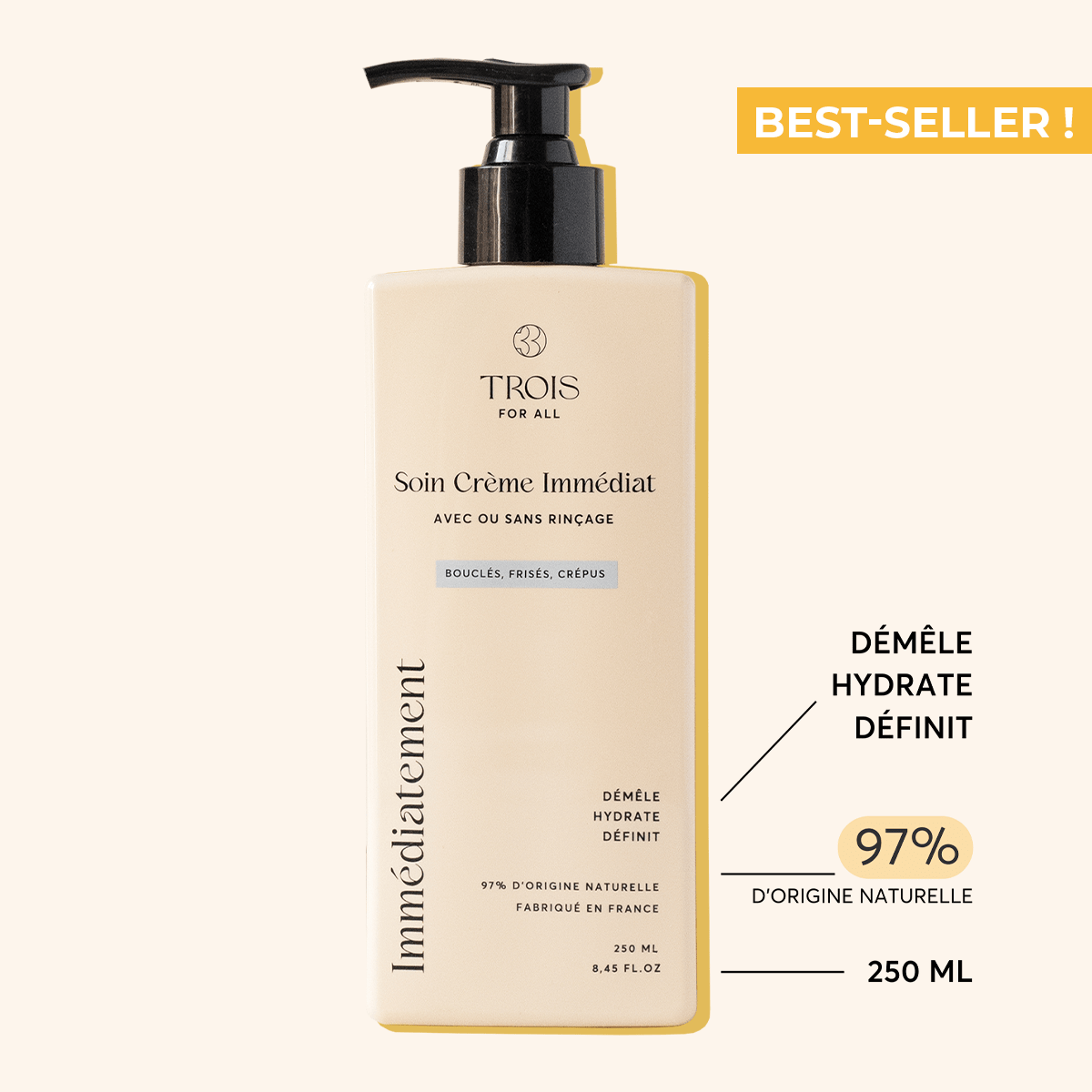 Soin crème pour cheveux bouclés Trois For All qui démêle, hydrate et définit les boucles